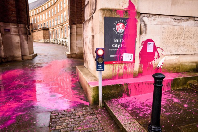 Pink paint on Bristol city hall